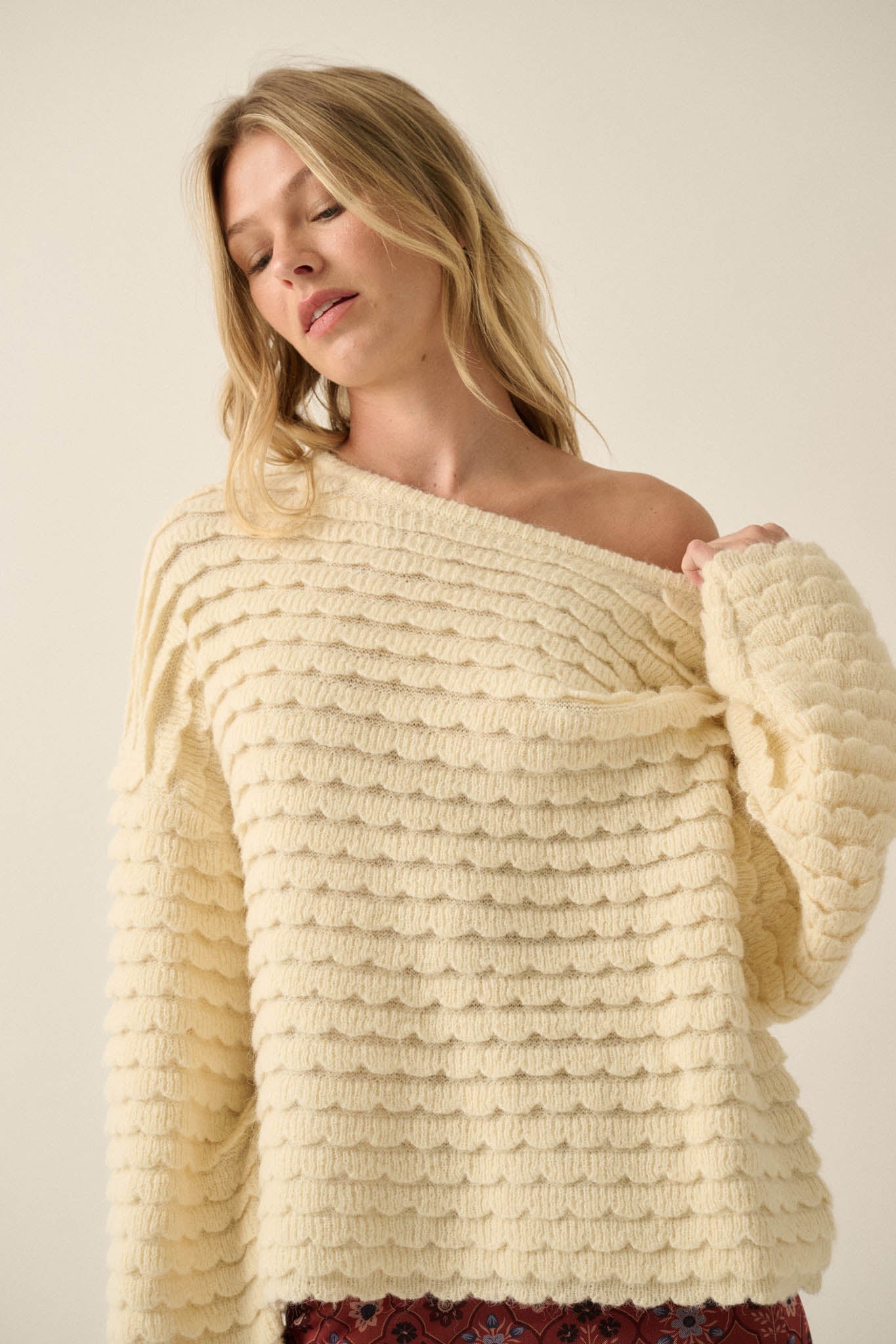 Slow Days Scalloped Ribbed Knit Wide-Sleeve Sweater - ShopPromesa