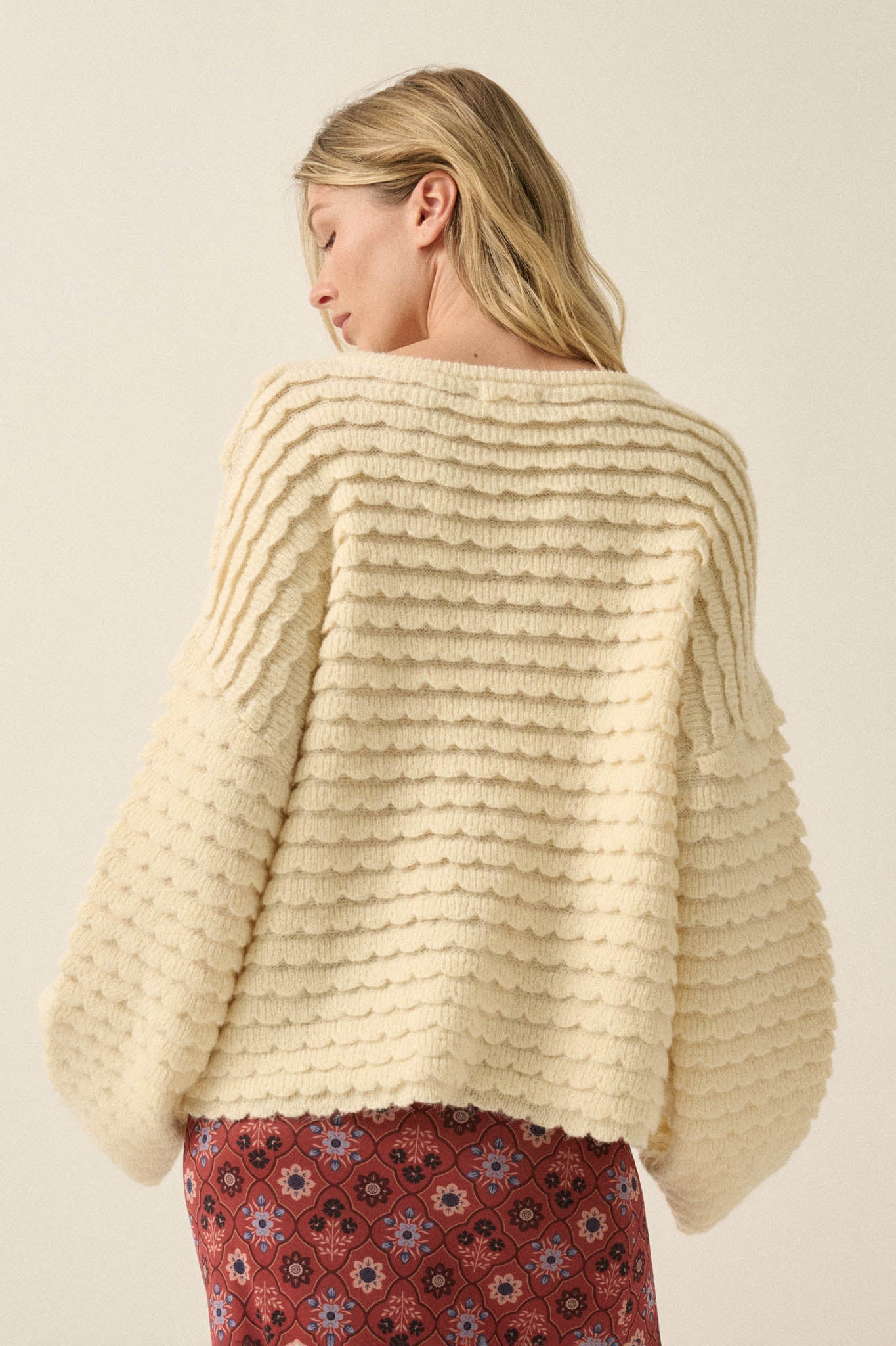 Slow Days Scalloped Ribbed Knit Wide-Sleeve Sweater - ShopPromesa