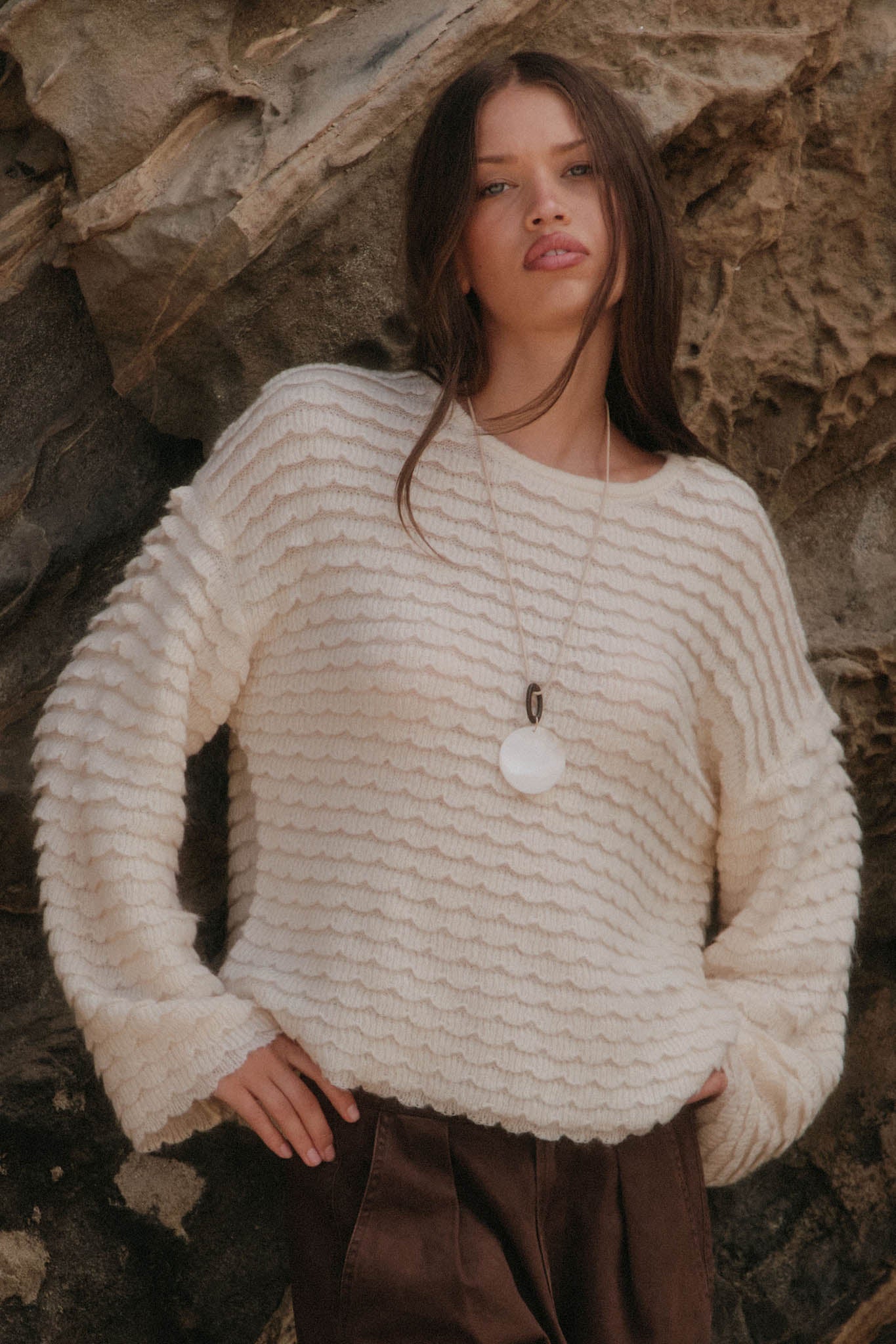 Slow Days Scalloped Ribbed Knit Wide-Sleeve Sweater - ShopPromesa