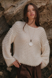 Slow Days Scalloped Ribbed Knit Wide-Sleeve Sweater - ShopPromesa