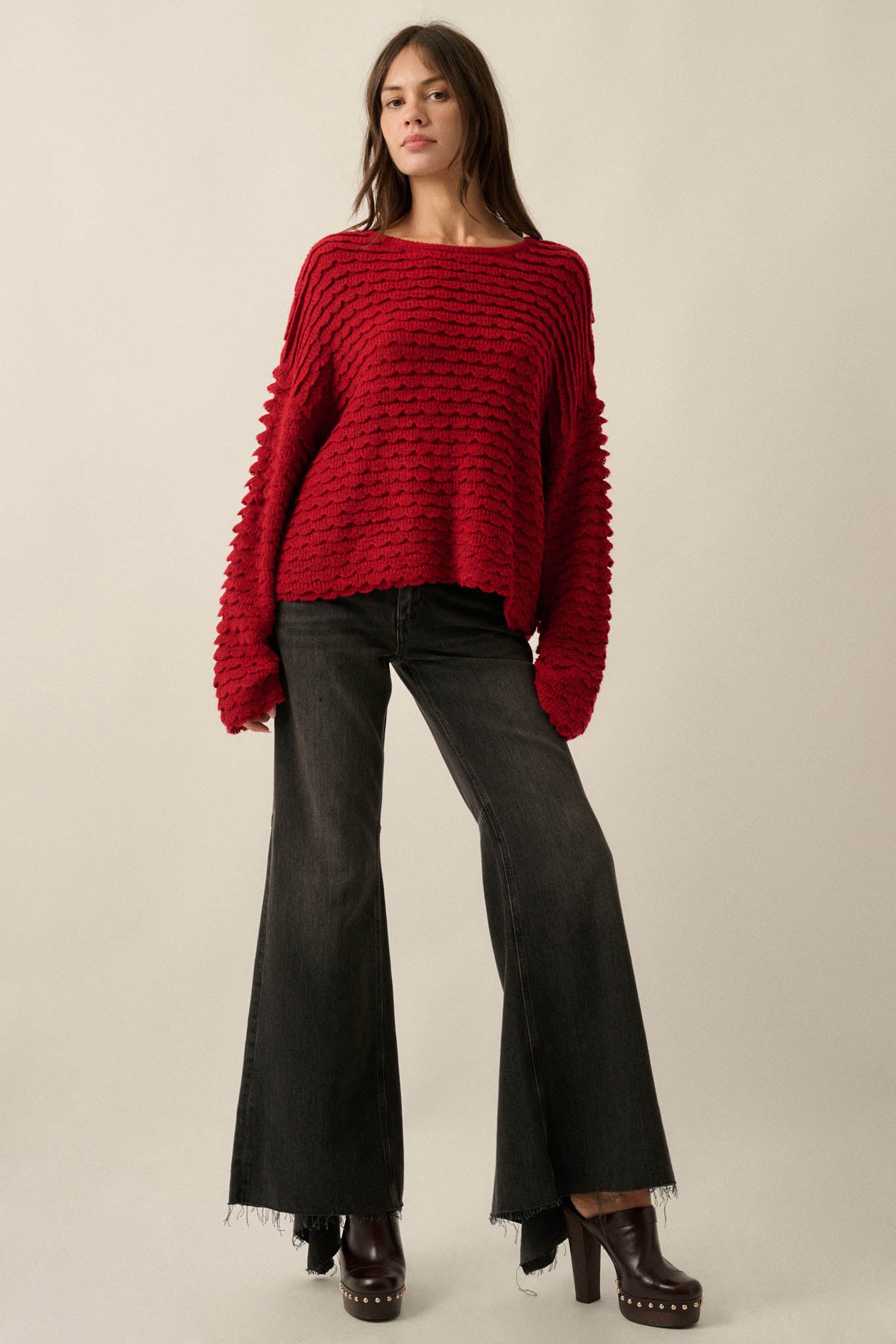 Slow Days Scalloped Ribbed Knit Wide-Sleeve Sweater - ShopPromesa