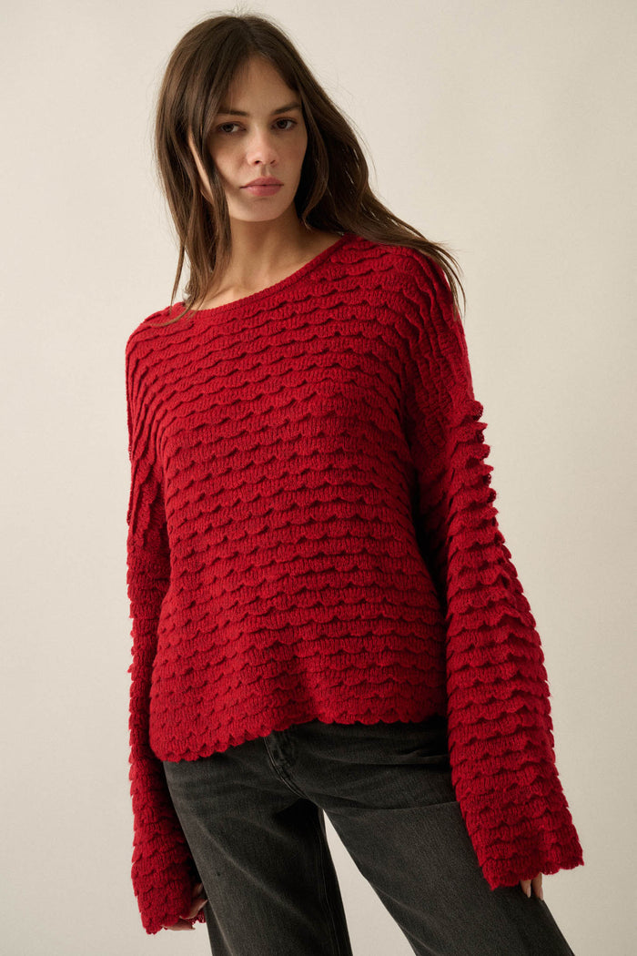Slow Days Scalloped Ribbed Knit Wide-Sleeve Sweater - ShopPromesa
