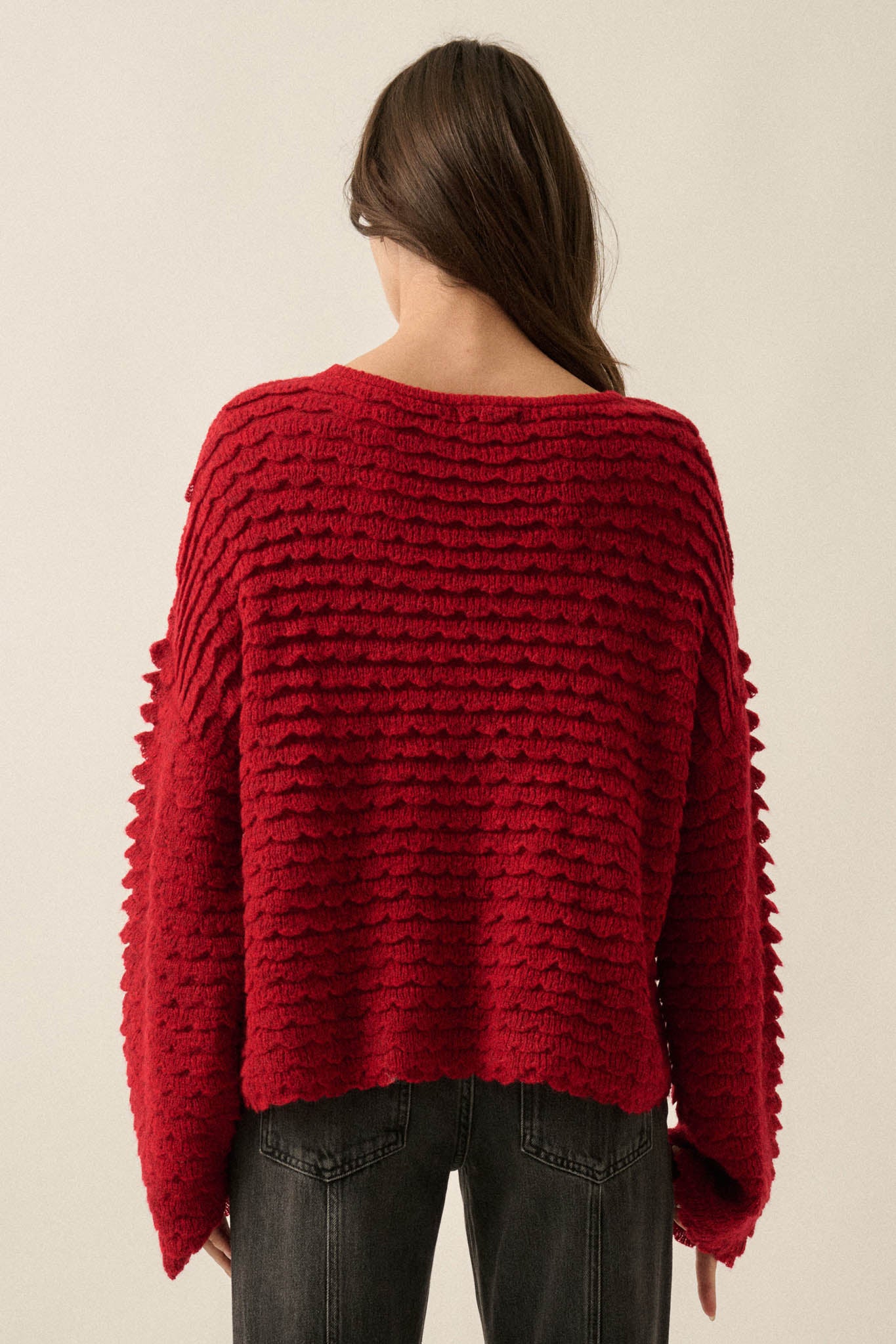 Slow Days Scalloped Ribbed Knit Wide-Sleeve Sweater - ShopPromesa