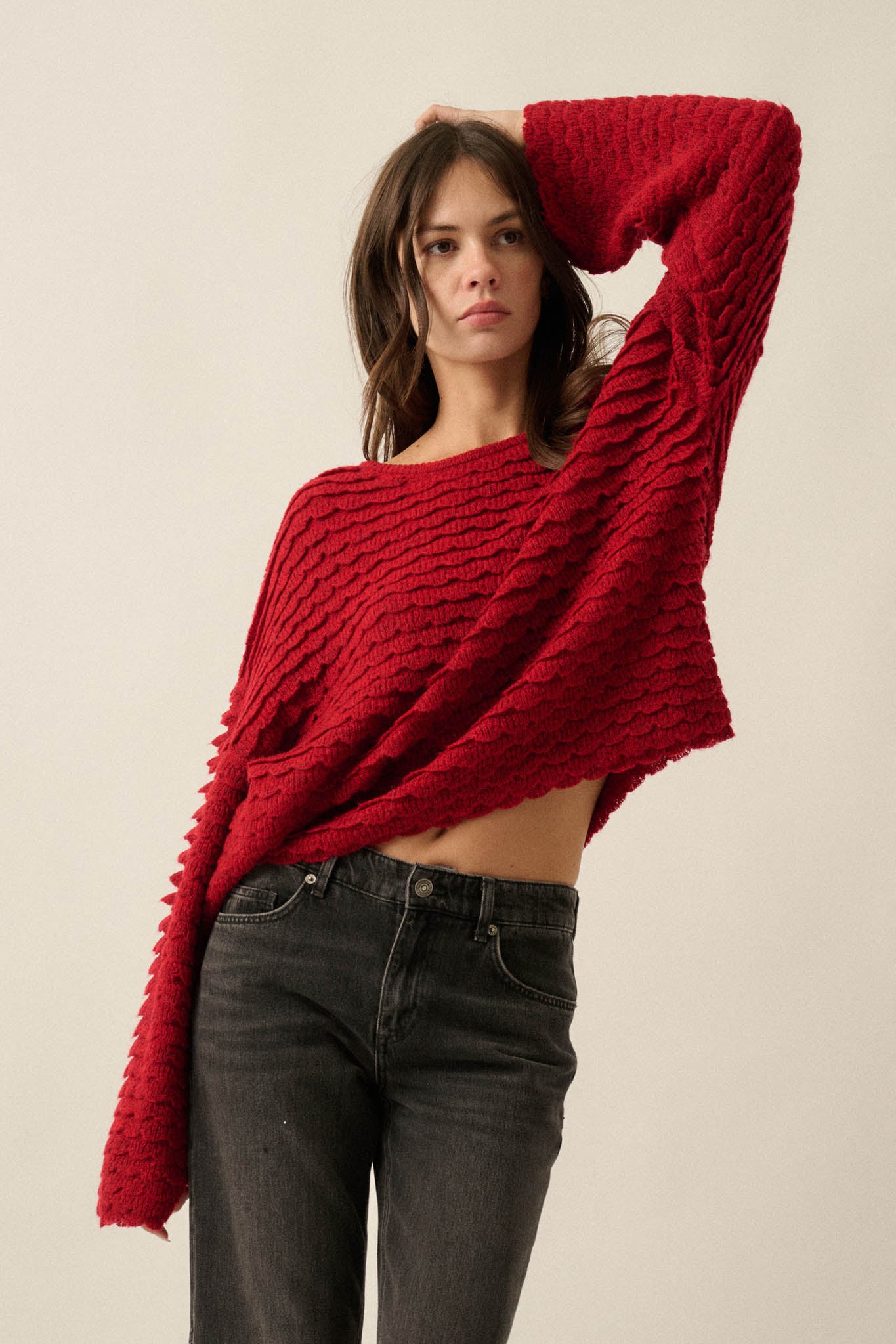 Slow Days Scalloped Ribbed Knit Wide-Sleeve Sweater - ShopPromesa
