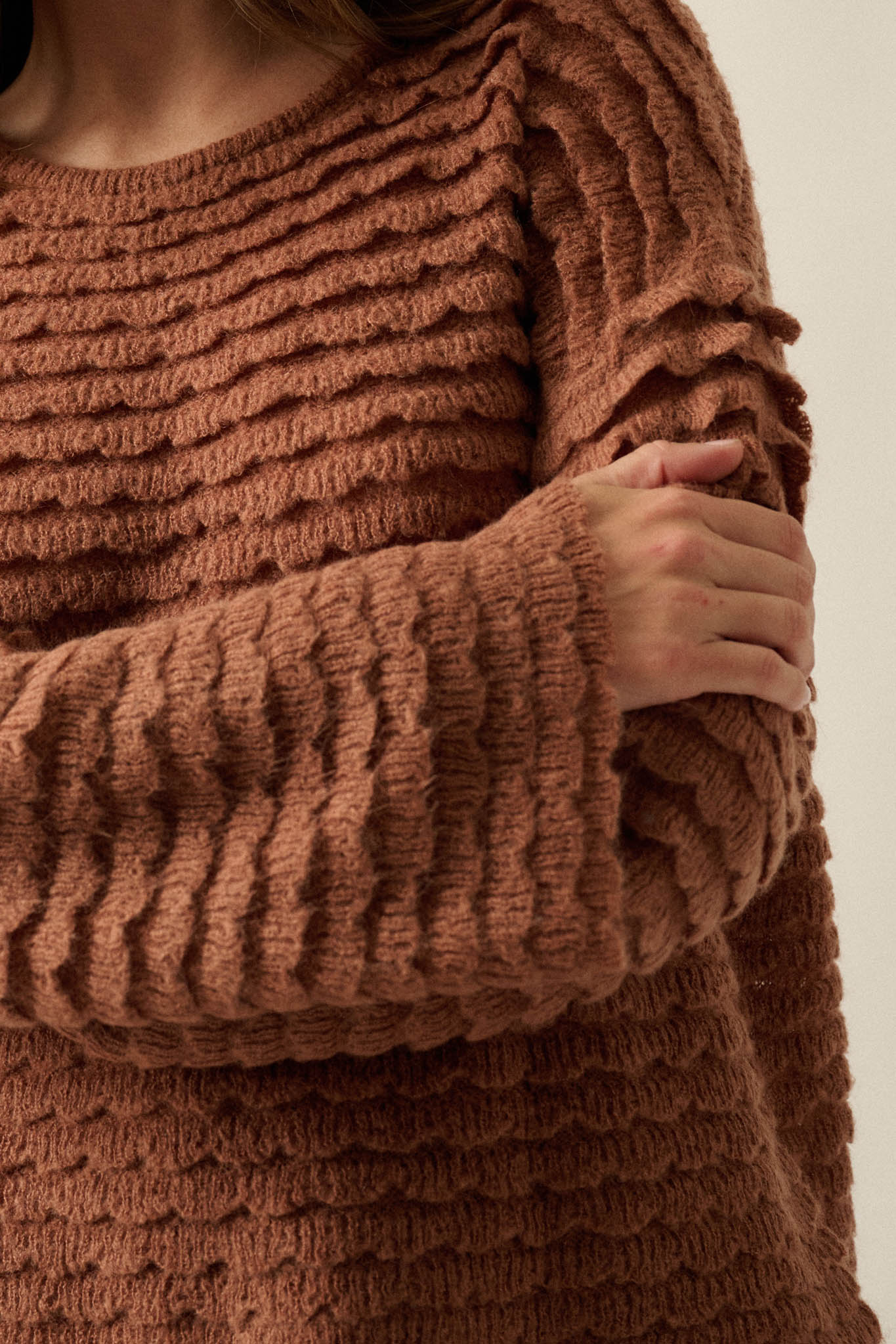 Slow Days Scalloped Ribbed Knit Wide-Sleeve Sweater - ShopPromesa
