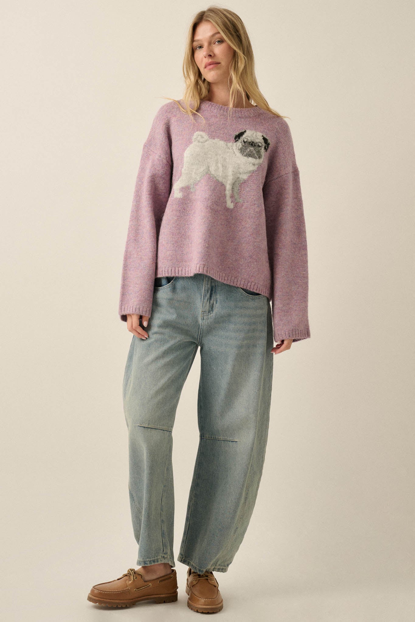 Pug Life Dog-Motif Crewneck Drop-Shoulder Sweater - ShopPromesa