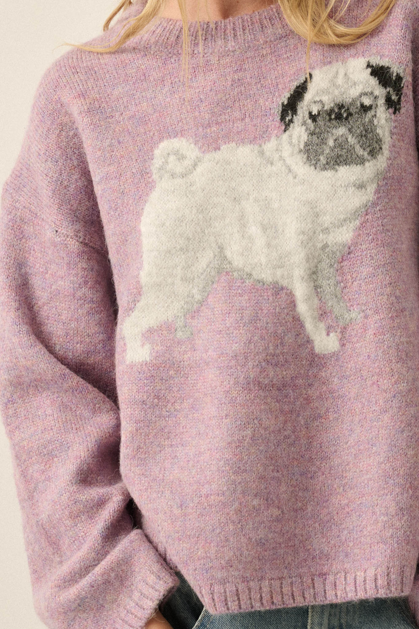 Pug Life Dog-Motif Crewneck Drop-Shoulder Sweater - ShopPromesa