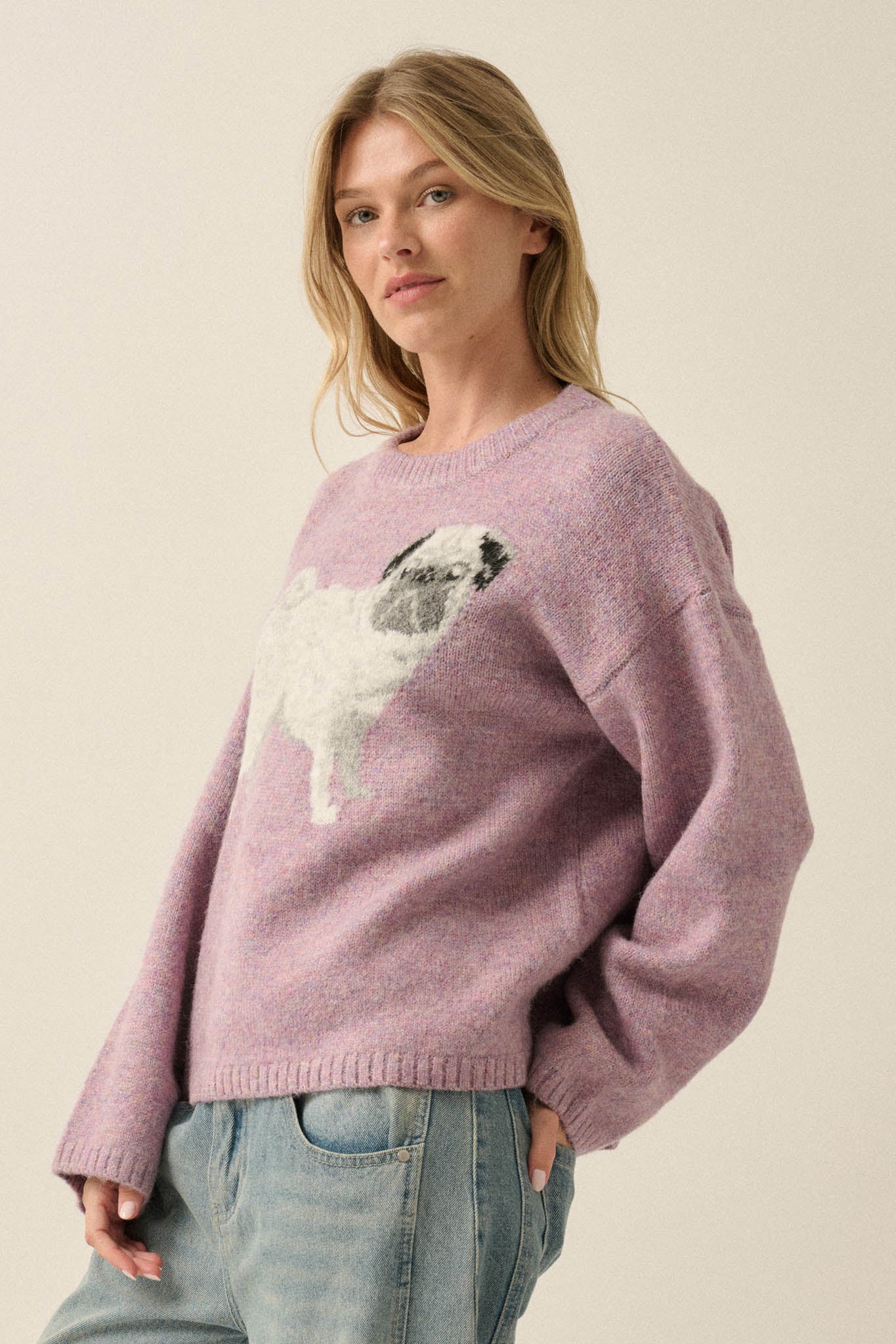 Pug Life Dog-Motif Crewneck Drop-Shoulder Sweater - ShopPromesa