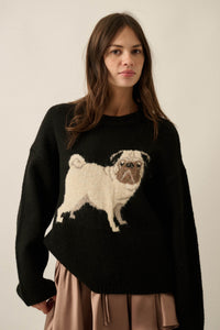Pug Life Dog-Motif Crewneck Drop-Shoulder Sweater - ShopPromesa