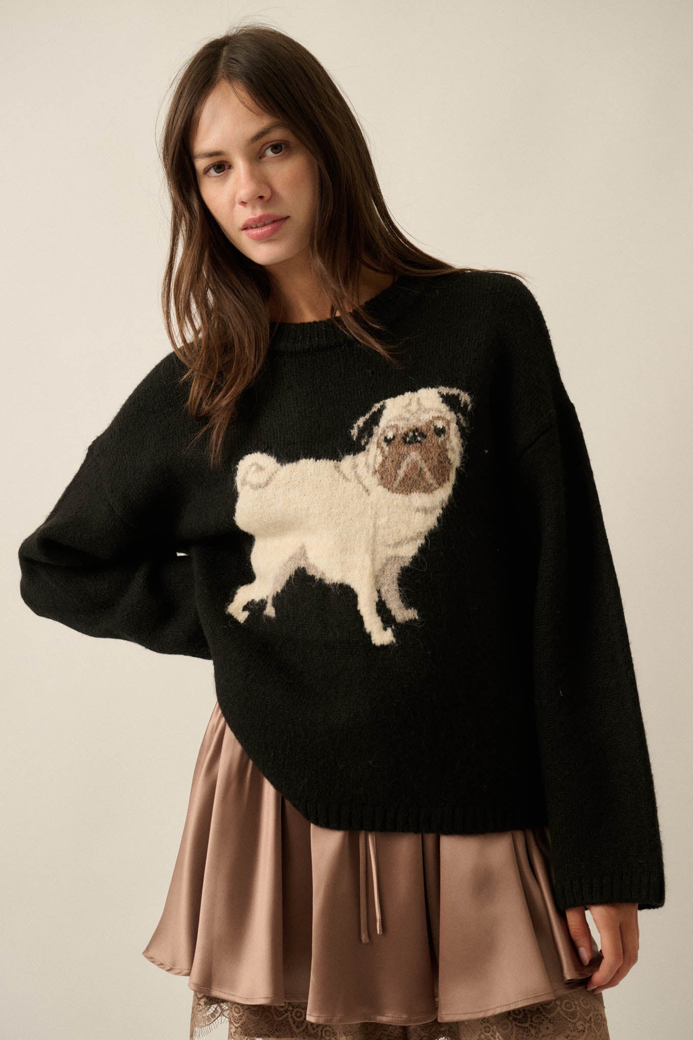 Pug Life Dog-Motif Crewneck Drop-Shoulder Sweater - ShopPromesa