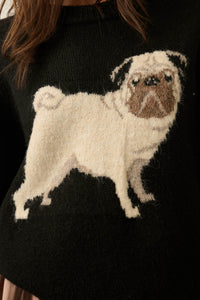 Pug Life Dog-Motif Crewneck Drop-Shoulder Sweater - ShopPromesa