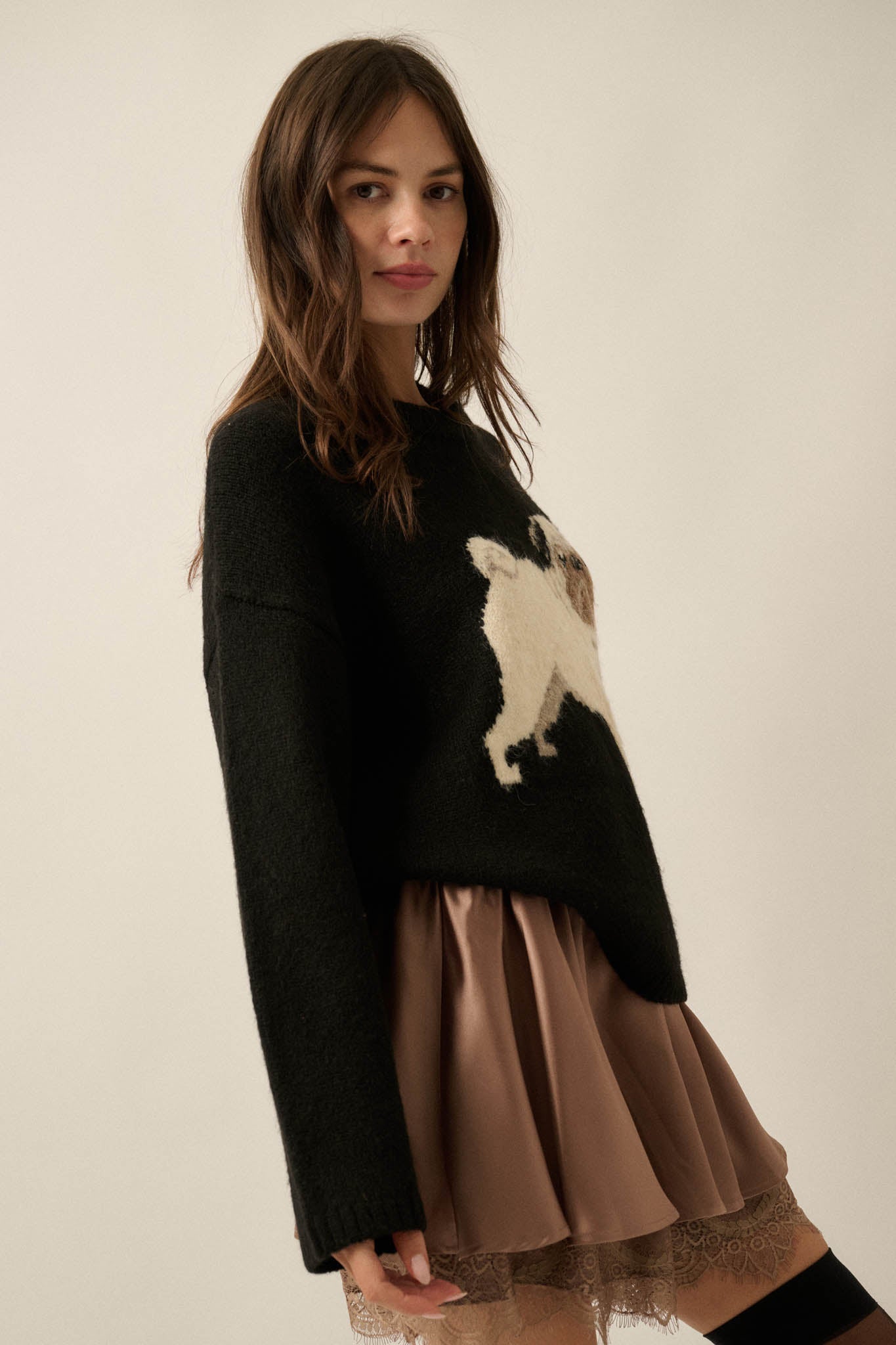 Pug Life Dog-Motif Crewneck Drop-Shoulder Sweater - ShopPromesa