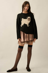Pug Life Dog-Motif Crewneck Drop-Shoulder Sweater - ShopPromesa