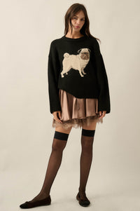 Pug Life Dog-Motif Crewneck Drop-Shoulder Sweater - ShopPromesa