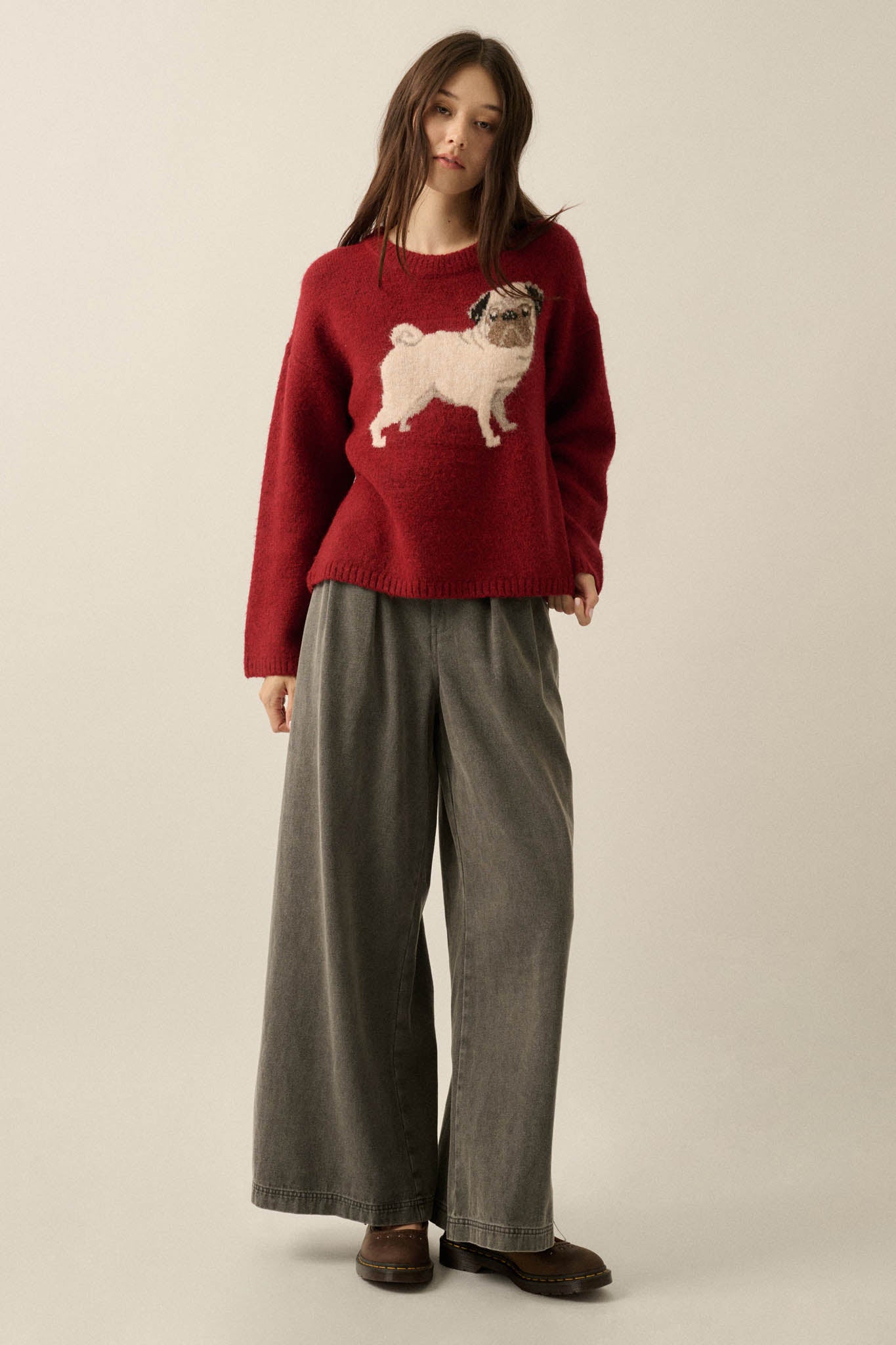 Pug Life Dog-Motif Crewneck Drop-Shoulder Sweater - ShopPromesa