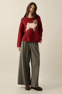 Pug Life Dog-Motif Crewneck Drop-Shoulder Sweater - ShopPromesa