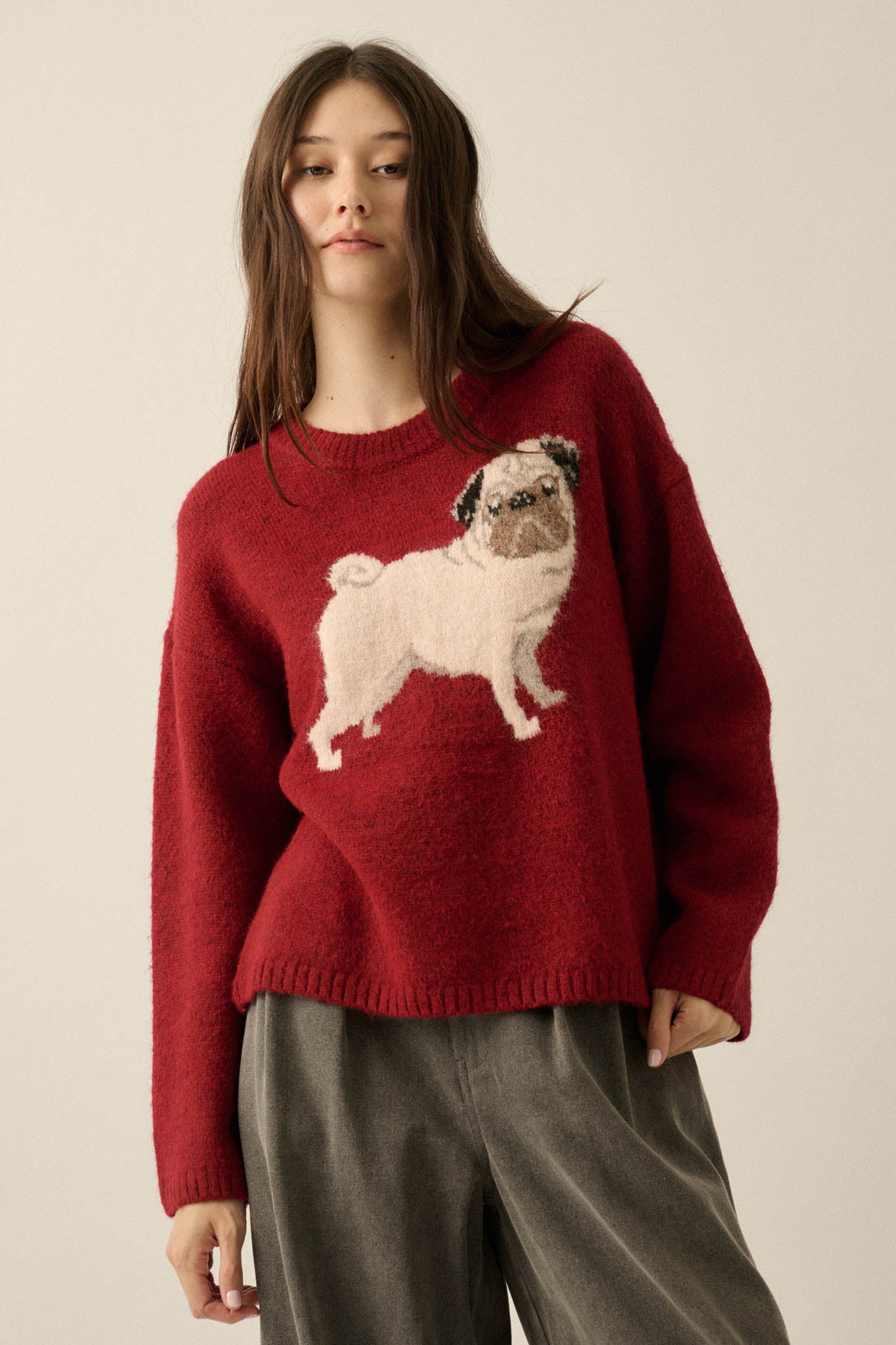 Pug Life Dog-Motif Crewneck Drop-Shoulder Sweater - ShopPromesa