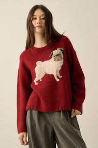 Pug Life Dog-Motif Crewneck Drop-Shoulder Sweater - ShopPromesa