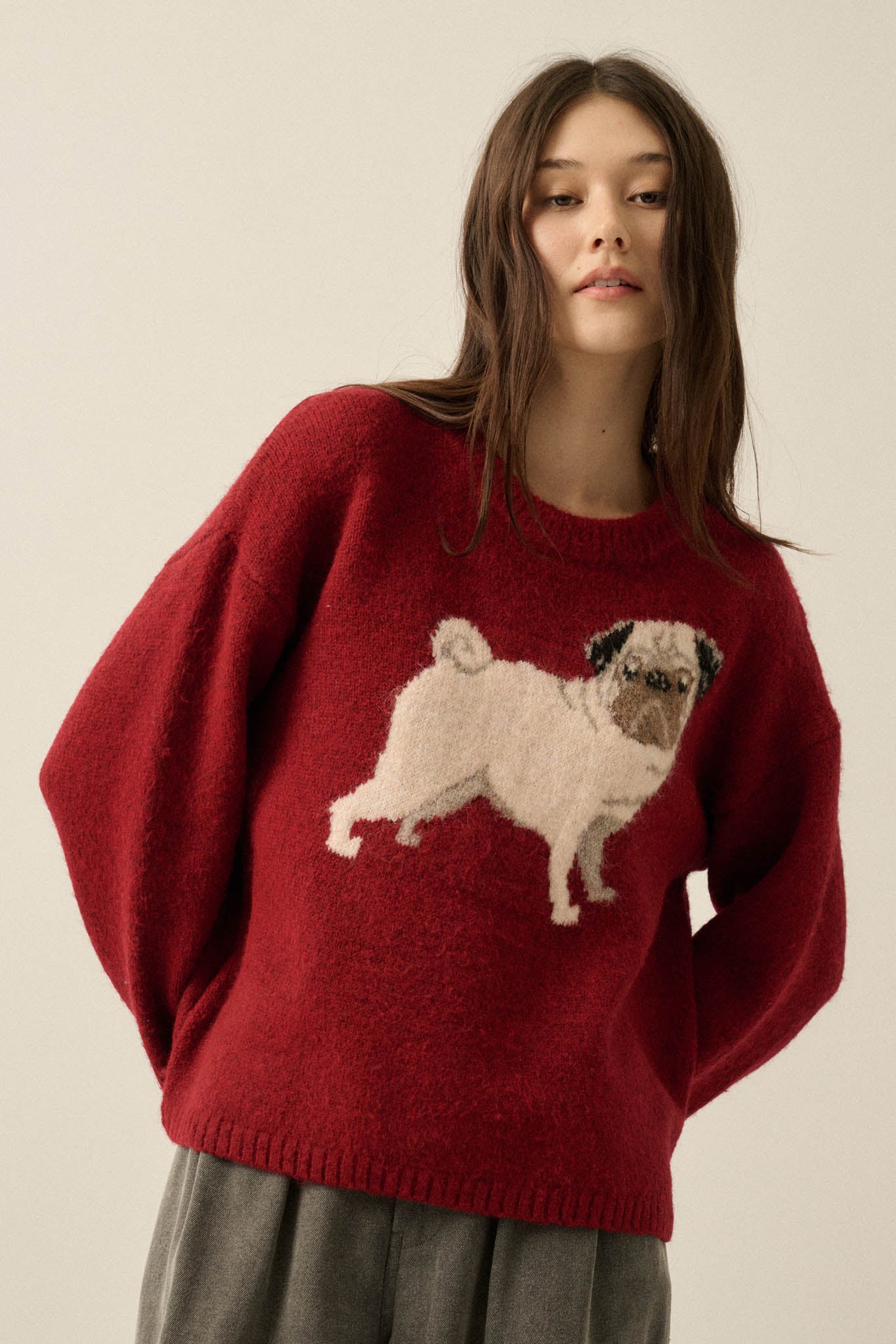 Pug Life Dog-Motif Crewneck Drop-Shoulder Sweater - ShopPromesa