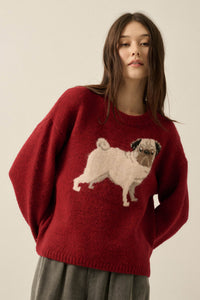 Pug Life Dog-Motif Crewneck Drop-Shoulder Sweater - ShopPromesa