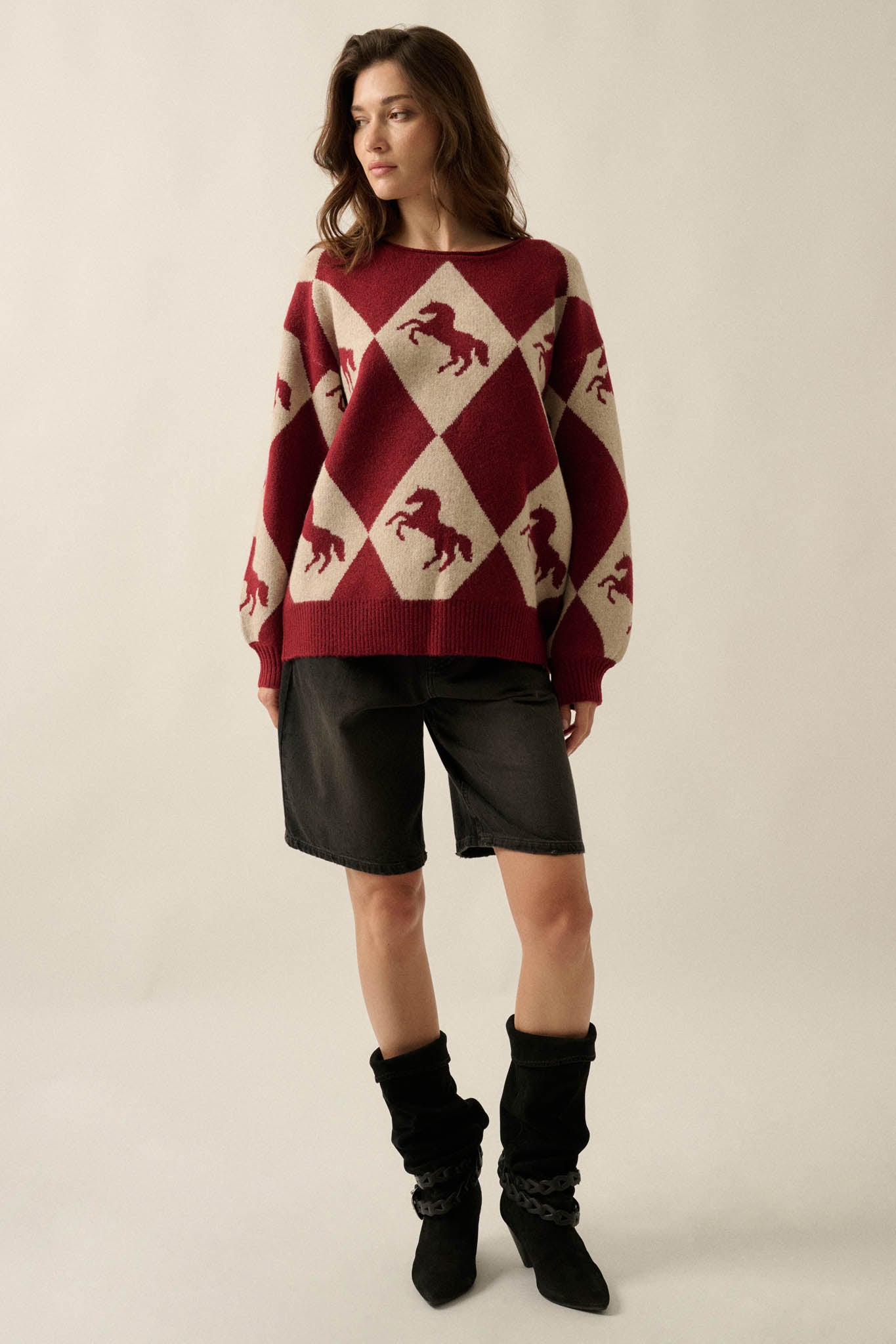 Show Pony Horse-Motif Diamond Check Sweater - ShopPromesa