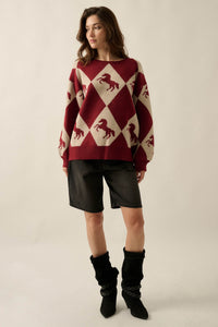 Show Pony Horse-Motif Diamond Check Sweater - ShopPromesa