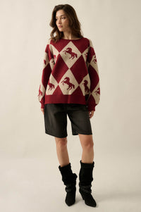 Show Pony Horse-Motif Diamond Check Sweater - ShopPromesa
