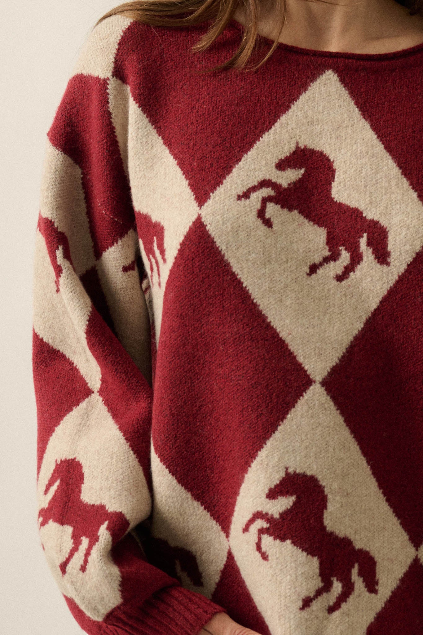 Show Pony Horse-Motif Diamond Check Sweater - ShopPromesa