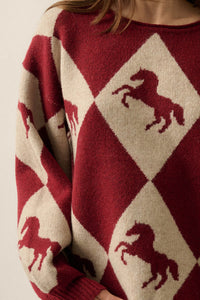Show Pony Horse-Motif Diamond Check Sweater - ShopPromesa
