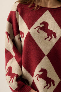 Show Pony Horse-Motif Diamond Check Sweater - ShopPromesa