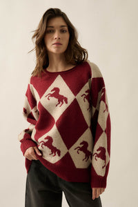 Show Pony Horse-Motif Diamond Check Sweater - ShopPromesa