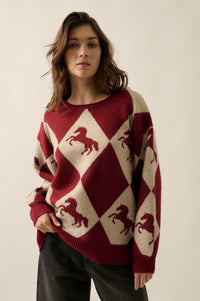 Show Pony Horse-Motif Diamond Check Sweater - ShopPromesa