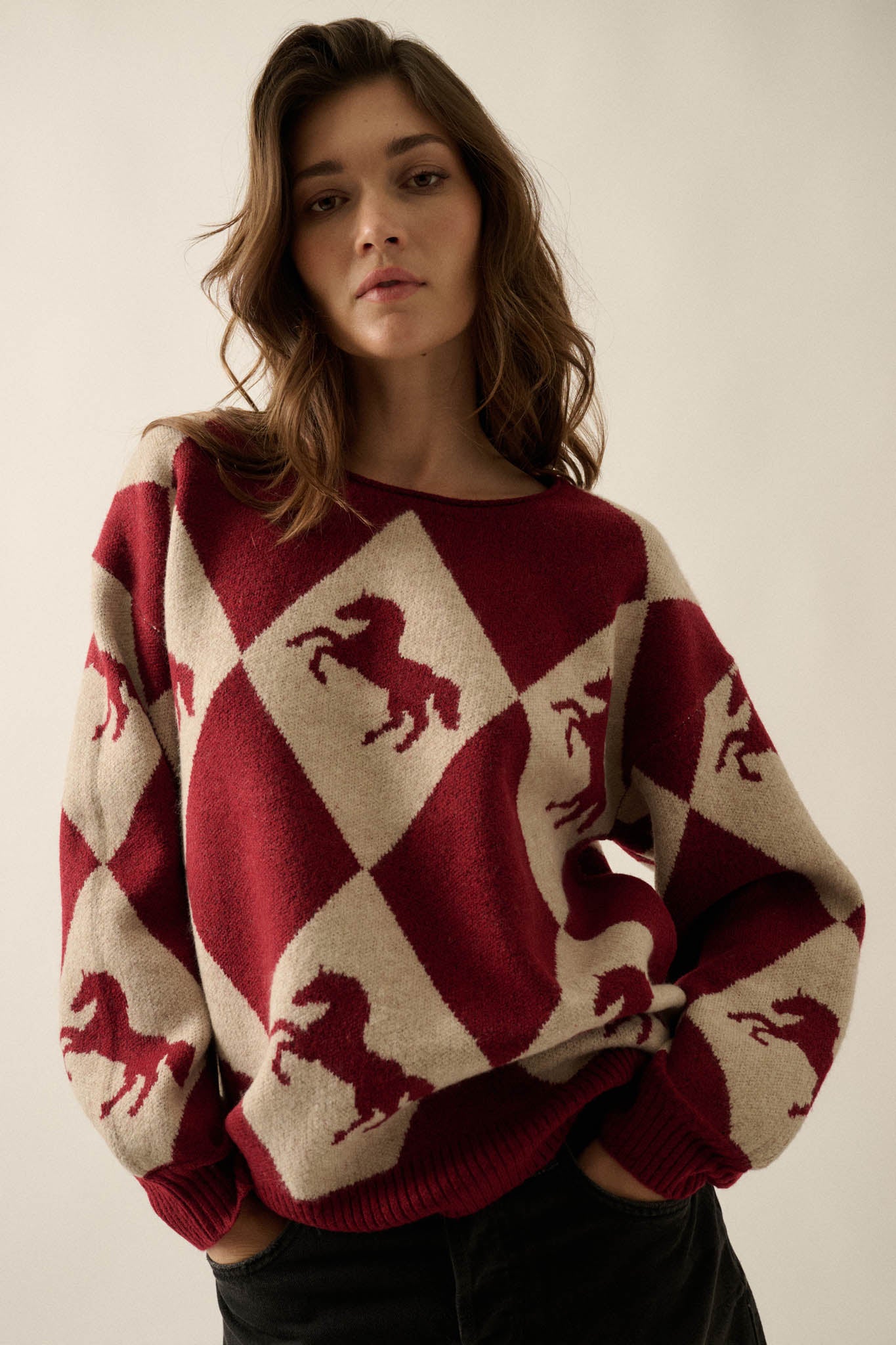 Show Pony Horse-Motif Diamond Check Sweater - ShopPromesa