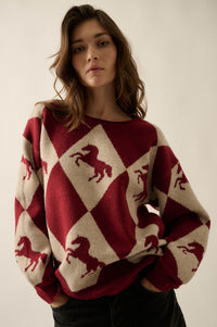 Show Pony Horse-Motif Diamond Check Sweater - ShopPromesa