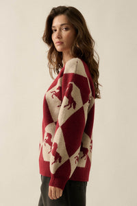 Show Pony Horse-Motif Diamond Check Sweater - ShopPromesa