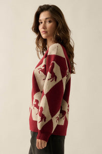 Show Pony Horse-Motif Diamond Check Sweater - ShopPromesa