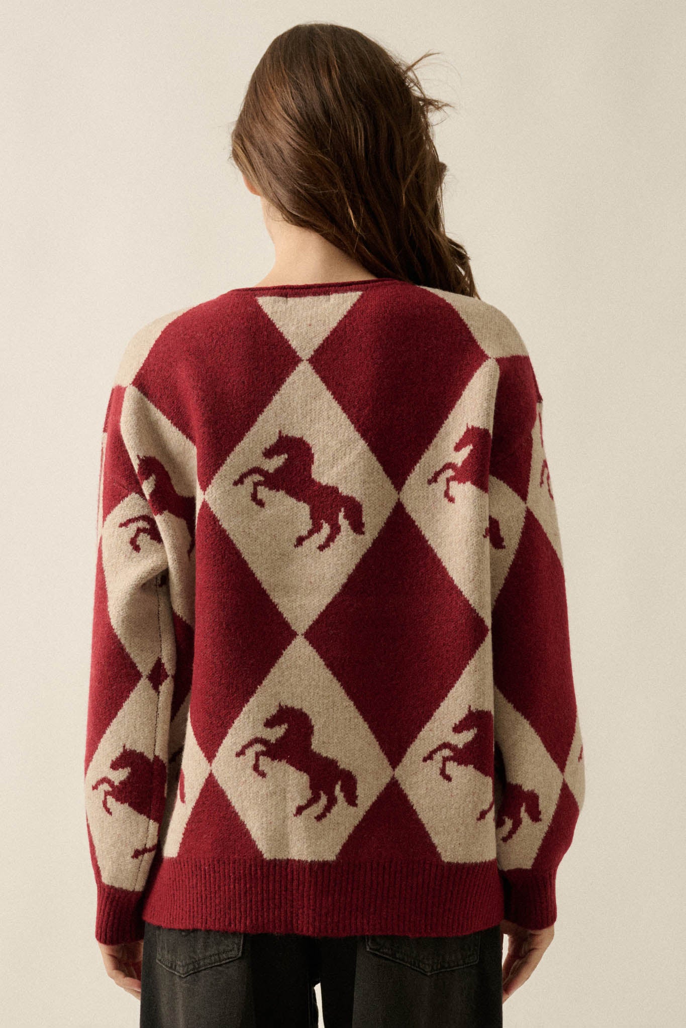 Show Pony Horse-Motif Diamond Check Sweater - ShopPromesa