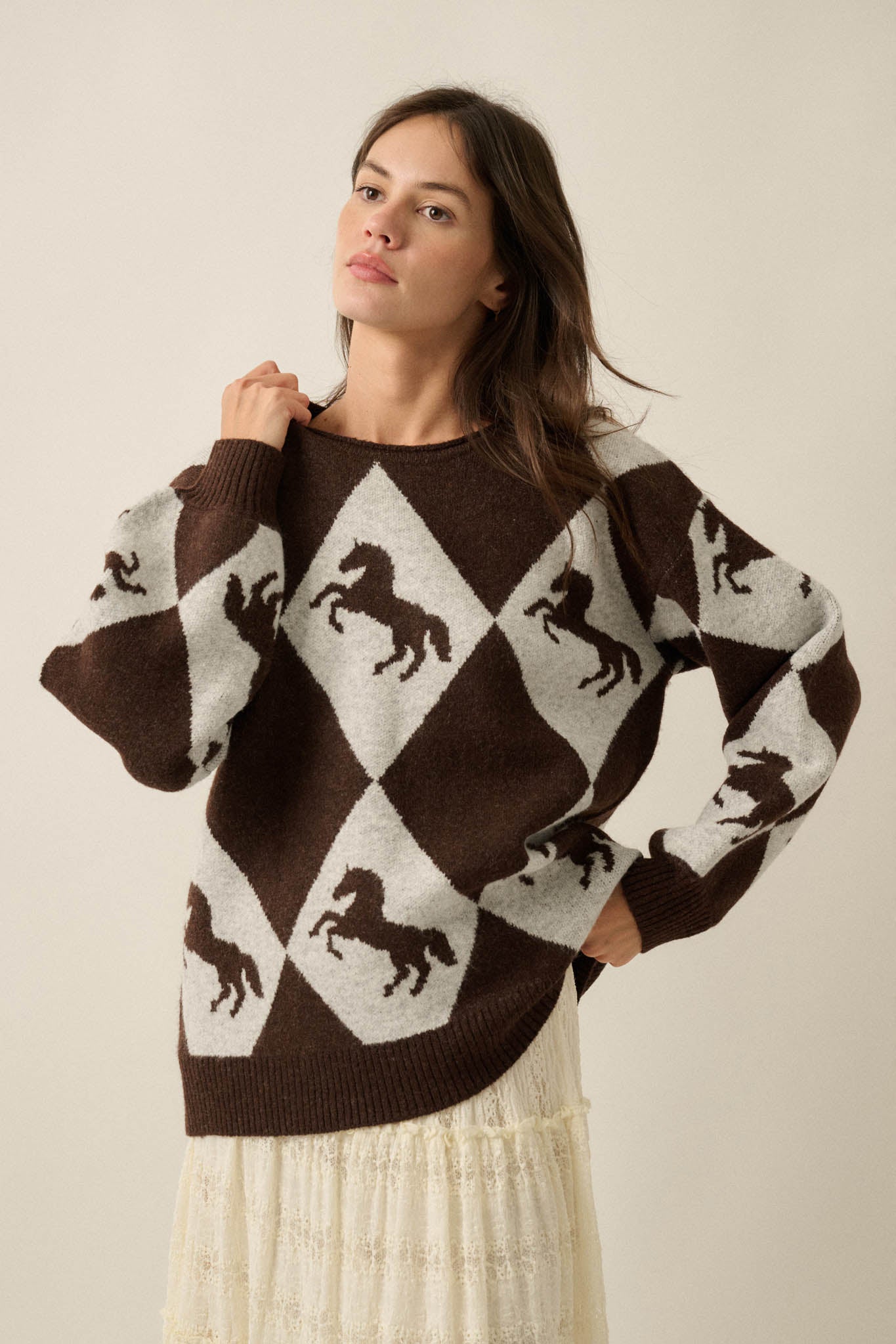 Show Pony Horse-Motif Diamond Check Sweater - ShopPromesa