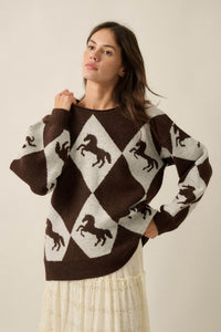 Show Pony Horse-Motif Diamond Check Sweater - ShopPromesa