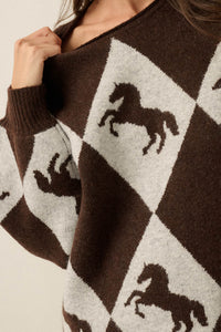Show Pony Horse-Motif Diamond Check Sweater - ShopPromesa