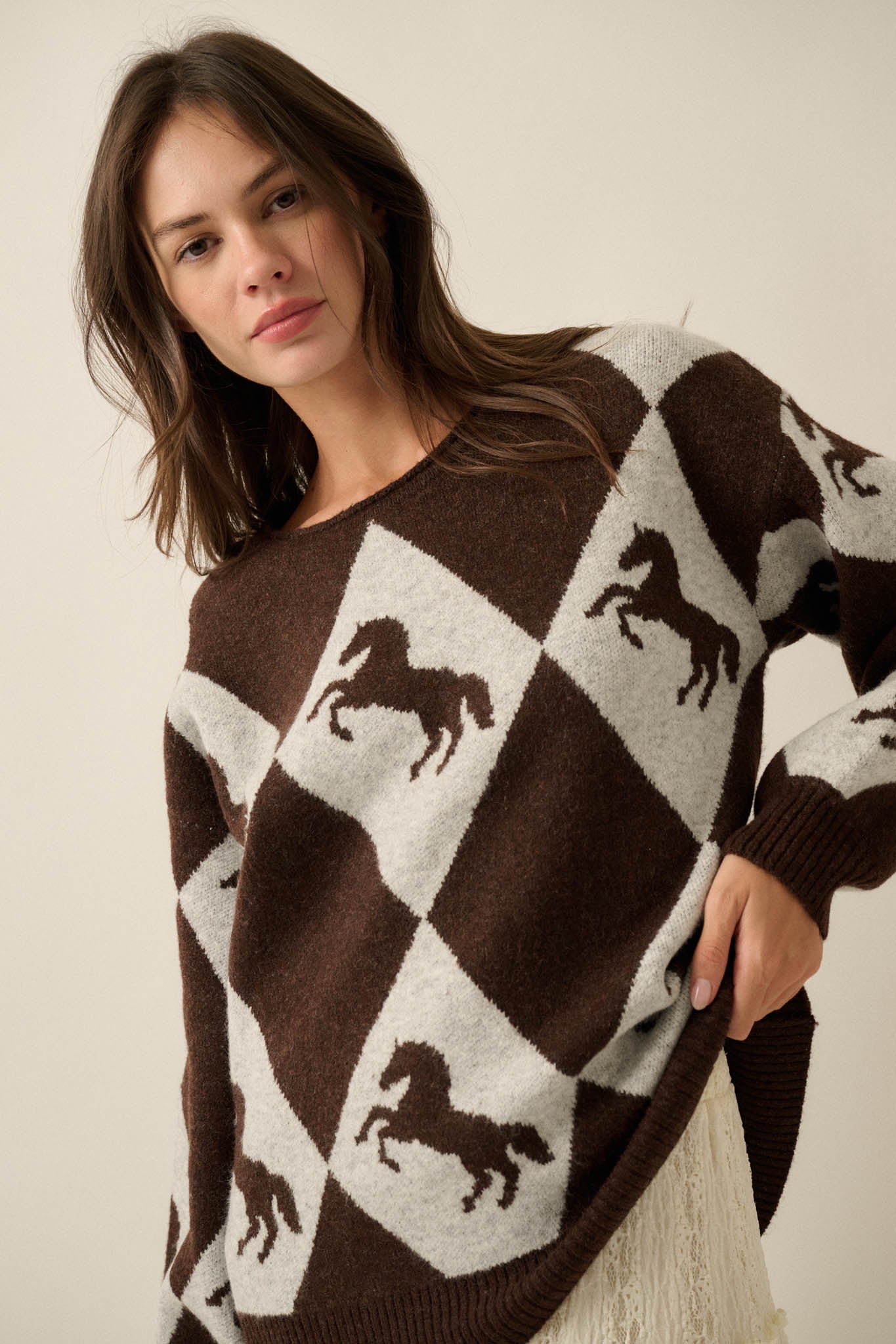 Show Pony Horse-Motif Diamond Check Sweater - ShopPromesa