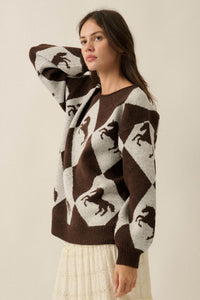 Show Pony Horse-Motif Diamond Check Sweater - ShopPromesa