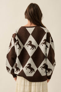 Show Pony Horse-Motif Diamond Check Sweater - ShopPromesa