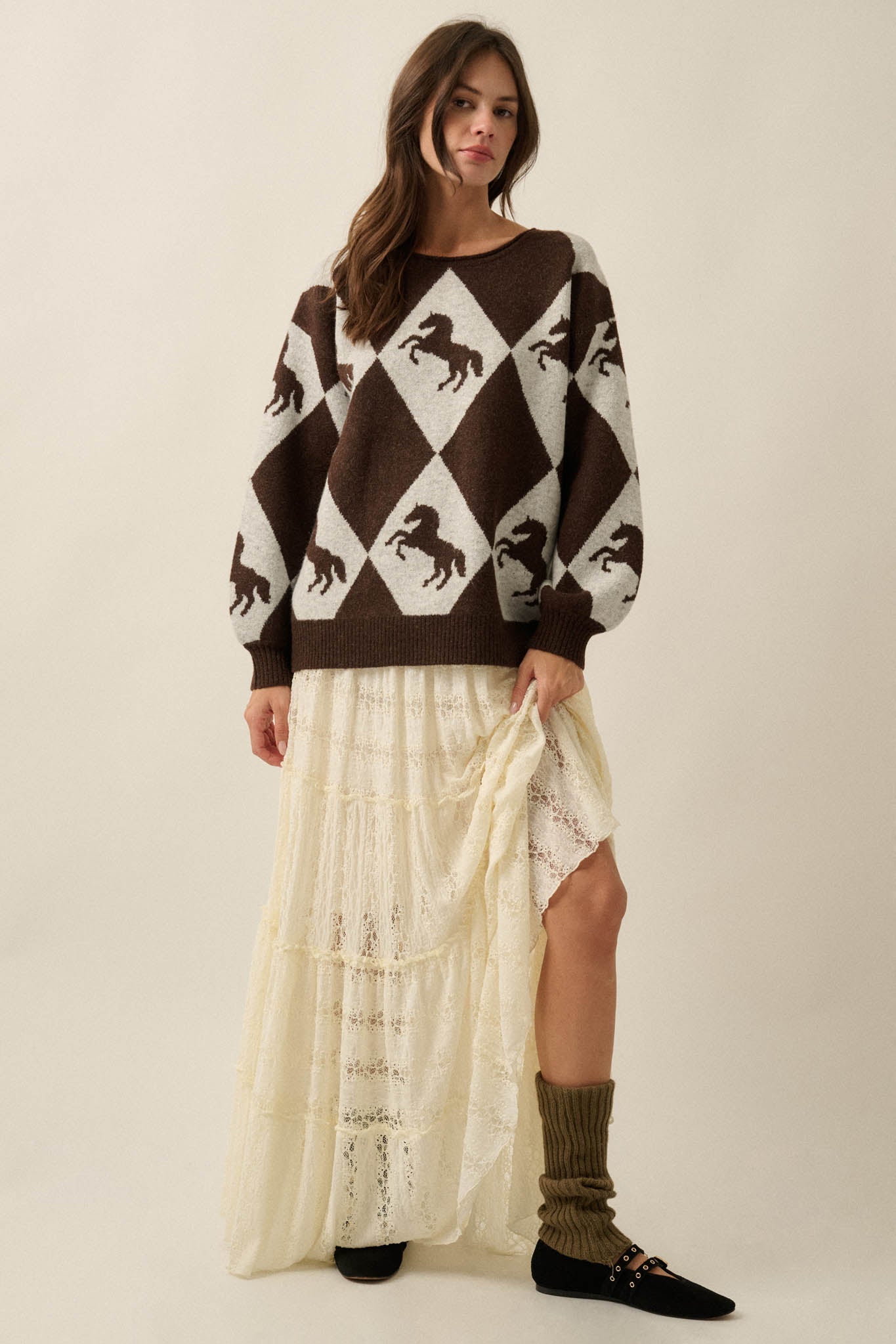 Show Pony Horse-Motif Diamond Check Sweater - ShopPromesa