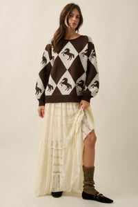 Show Pony Horse-Motif Diamond Check Sweater - ShopPromesa