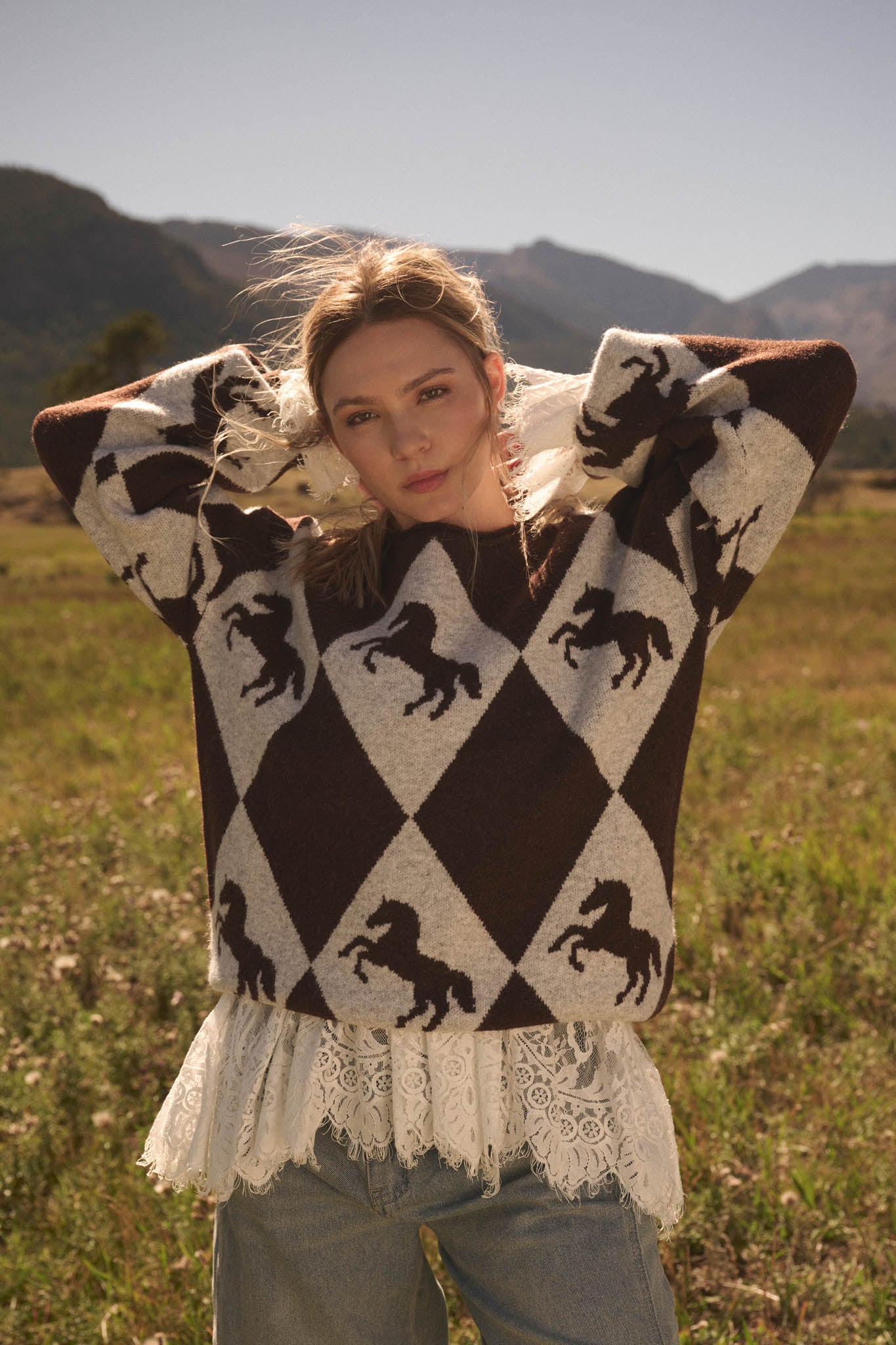 Show Pony Horse-Motif Diamond Check Sweater - ShopPromesa