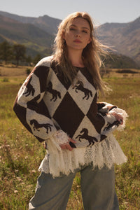 Show Pony Horse-Motif Diamond Check Sweater - ShopPromesa