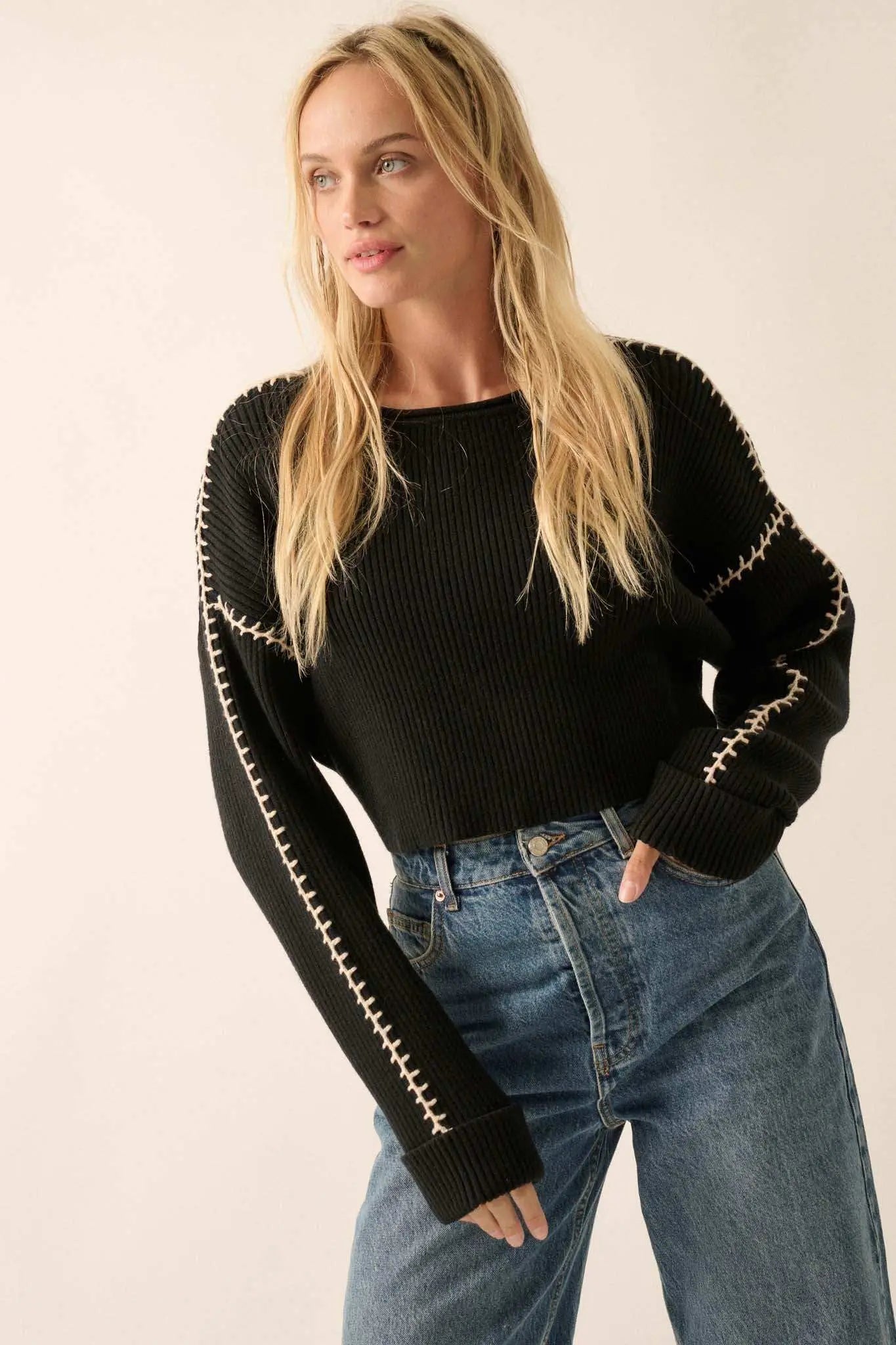 Stitched Up Cropped Blanket Stitch Sweater Stitched Up Cropped Blanket Stitch Sweater