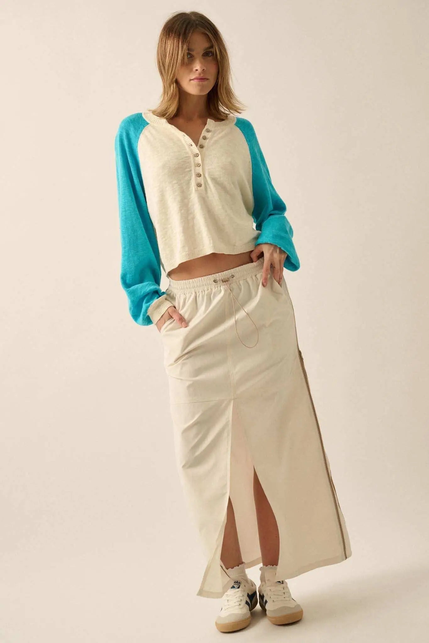 Bases Loaded Colorblock Slub-Knit Henley Sweater