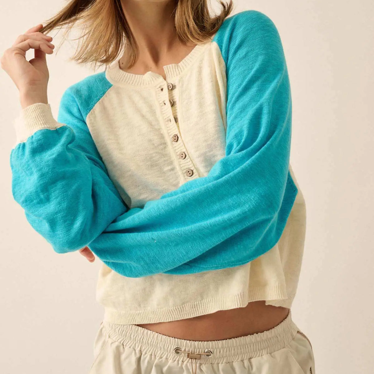 Bases Loaded Colorblock Slub-Knit Henley Sweater